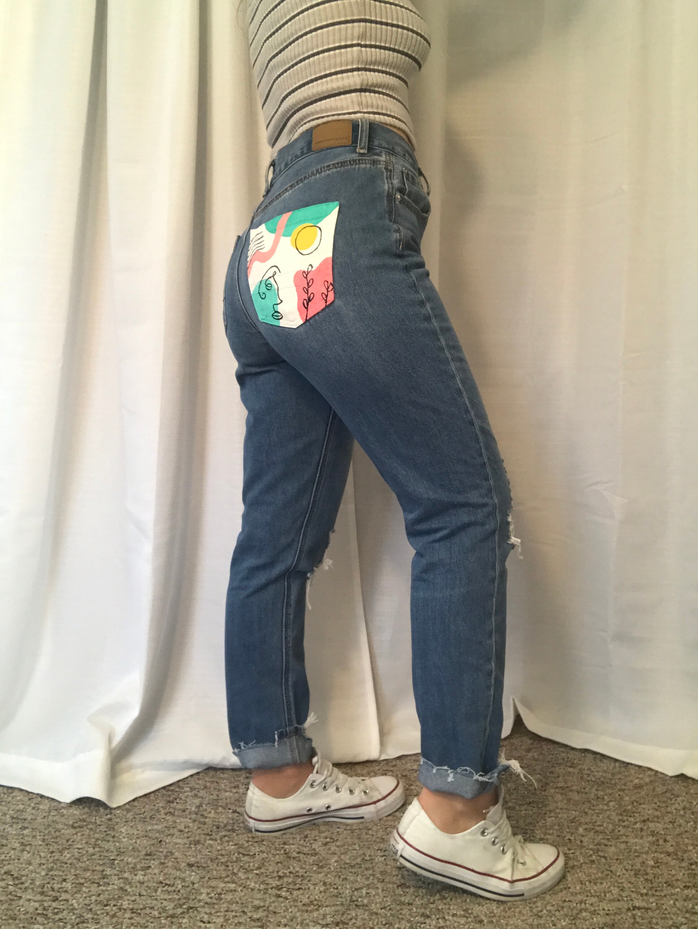 Hand Painted Mom Jeans Graphic Geometric 70s 90s Print Line Etsy