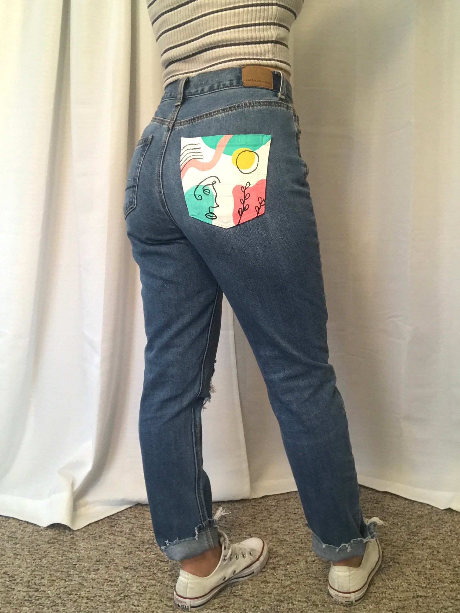Hand Painted Mom Jeans Graphic Geometric 70s 90s Print Line Etsy
