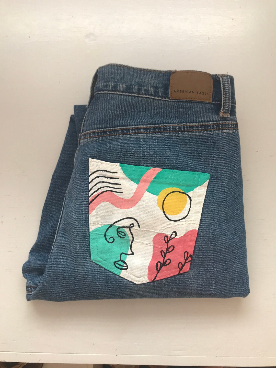 Hand Painted Mom Jeans Graphic Geometric 70s 90s Print Line Art Etsy