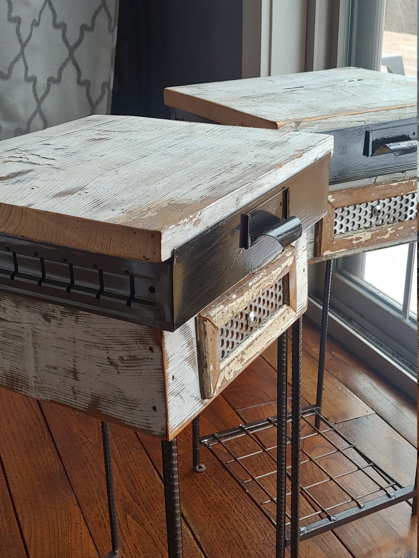 Pair Handmade End Tables/ Upcycled Furniture/ Chippy White/ Industrial