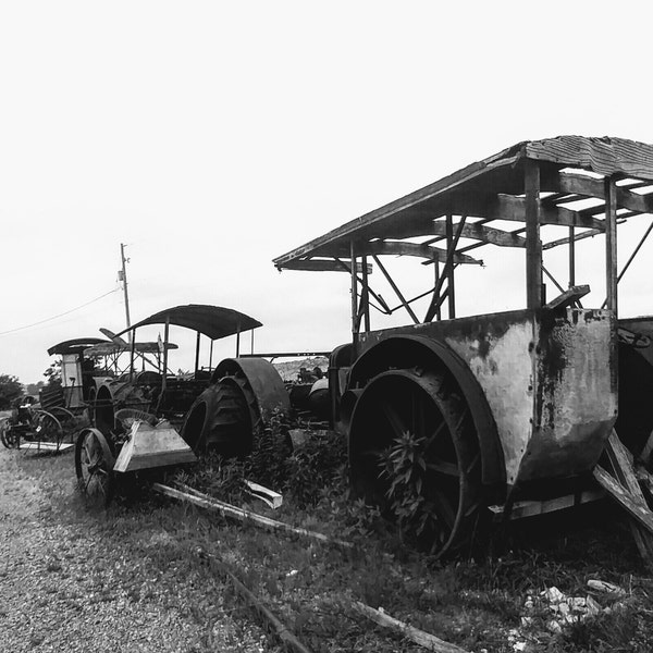 Black White Print Photograph B&W Picture Abandoned Machine Antique Tractor Equipment Wall Decor Barn Wedding  Bride Gift Metal Art Salvage