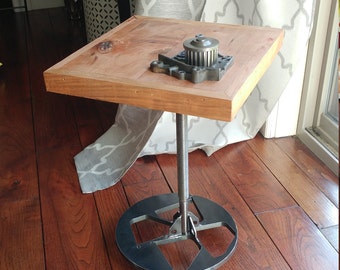 Steampunk Furniture Bedside Table/Steampunk Gear Reclaimed Wood Coffee Table/Metal Table Legs / Free Shipping/Gifts For Him/Mens Gifts