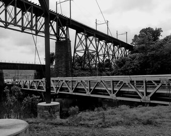 May include: A black and white photo of a metal bridge over a river. The bridge is made of steel beams and has a walkway on top. The bridge is surrounded by trees and bushes.