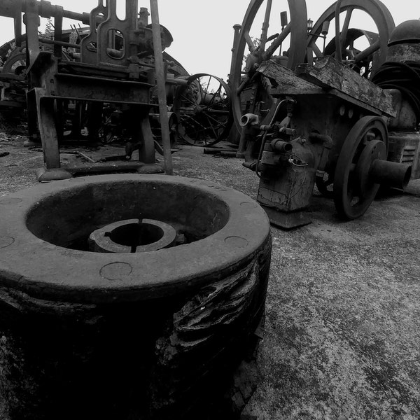 Black White Print Photograph B&W Picture Abandoned Machine Antique Tractor Equipment Wall Decor Barn Wedding Bride Gift Metal Art Salvage