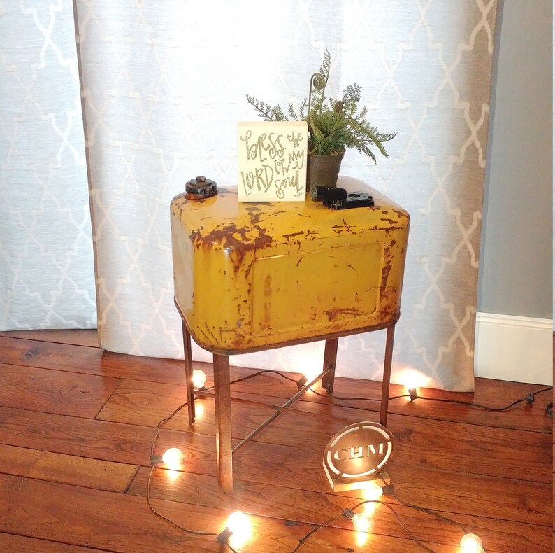 Upcycled End Table Gas Can Side Salvage Night Stand Yellow Steampunk Furniture Bedroom