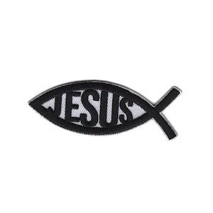 May include: Black and white embroidered iron-on patch featuring a fish symbol with the word "JESUS" inside.