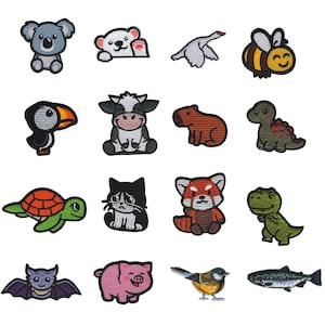 Può includere: Set di 15 toppe ricamate da stirare con diversi animali, tra cui un koala, un gatto, una tartaruga, un maiale, un uccello, un dinosauro, un capibara, una mucca, un'ape, un pesce e un panda rosso.