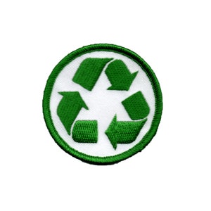 May include: A green embroidered recycling symbol patch with white background. The symbol is a circle with three arrows pointing in a clockwise direction.