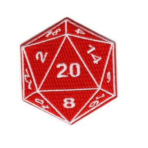 May include: A red twenty-sided die with white numbers and lines. The die is a common item used in tabletop role-playing games.