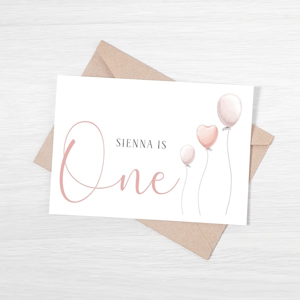 Personalised Birthday Card with Balloons - Any Age and Name - Envelope included | Sweet Personalised Birthday Card | Soft Pink Tones