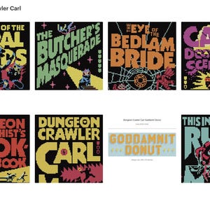 Könnte beinhalten: Sammlung farbenfroher, pixeliger Buchcover und ein Donut-Design mit Texten wie "The Gate of the Feral Gods", "The Butcher's Masquerade" und "Goddamnit Donut". Der Kunststil erinnert an Retro-Videospiele.