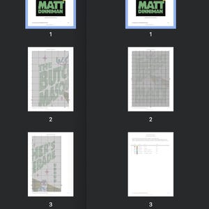 May include: A digital document titled "The Butcher's Masquerade" by Matt Dinniman. The cover features the title in green and white, with a graphic of a person. Other pages show cross-stitch patterns and text.