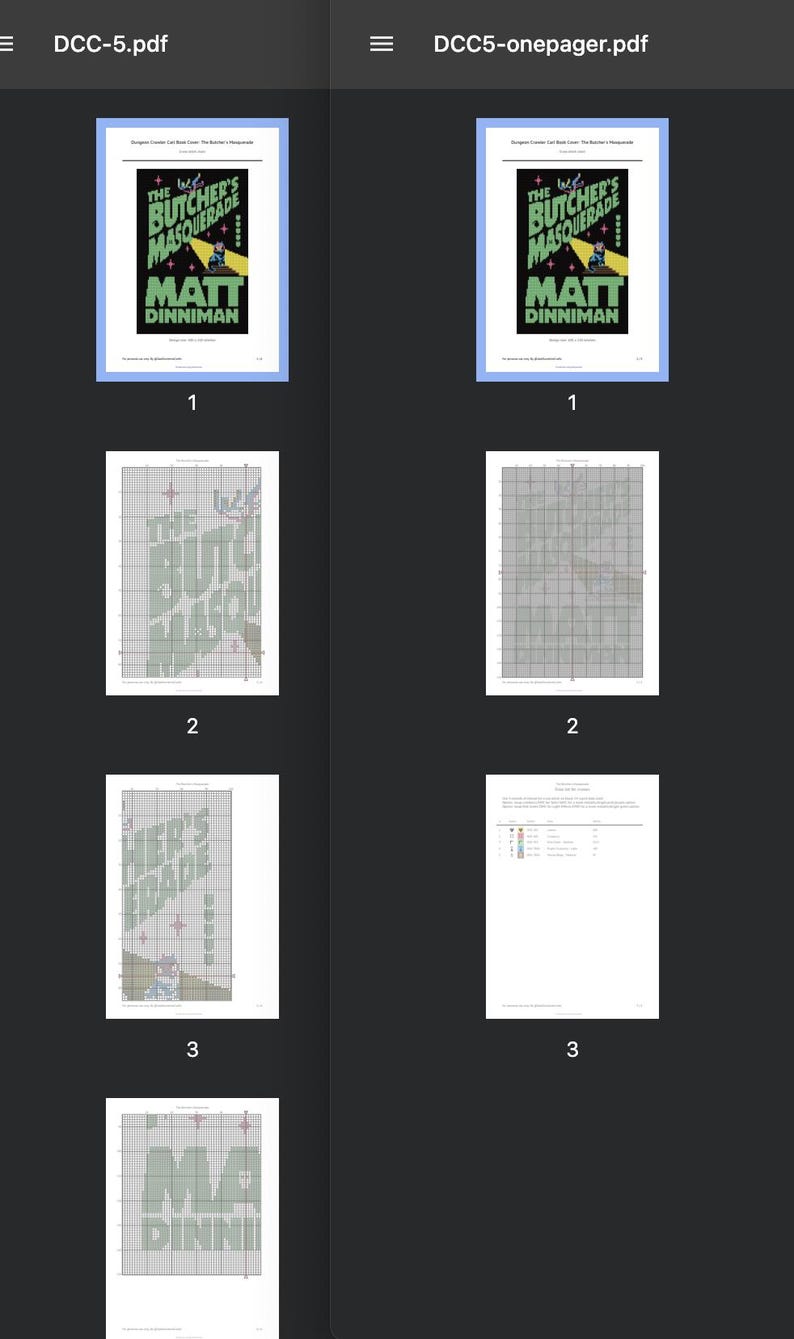 May include: A digital document titled "The Butcher's Masquerade" by Matt Dinniman. The cover features the title in green and white, with a graphic of a person. Other pages show cross-stitch patterns and text.