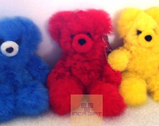10 -11 IN  Real Super  Baby Alpaca Fur Teddy  Bear - Peruvian Products - Stuffed Colored Alpaca Toys - Handmade RED- BLUE