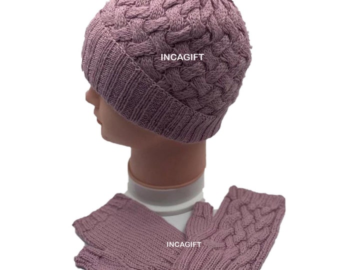 Real alpaca Hat and fingerless gloves- handmade in Peru - Alpaca gloves for  women  Gloves fancy for texting stripped  -Peruvian Products