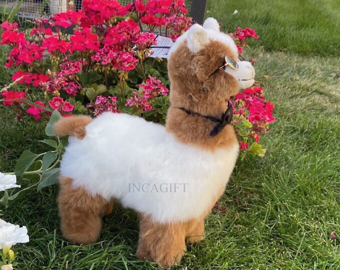 19.5 IN Handmade Alpaca Stuffed Animal Plush Alpaca / Brown-White fur teddy alpaca handmade Peruvian alpaca fur stuffed animal toy