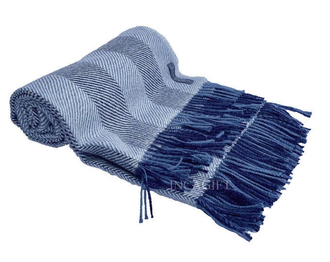 Blue 100% Real herringbone Woven Baby Alpaca Throw Blanket -  Mix Blue blankets made in Peru