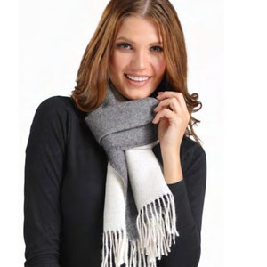 Reversible 100% Woven  Baby Alpaca Scarf  - Peruvian  double Face Handmade Scarf-  Solid  GREY + WHITE Weave Brushed Scarf