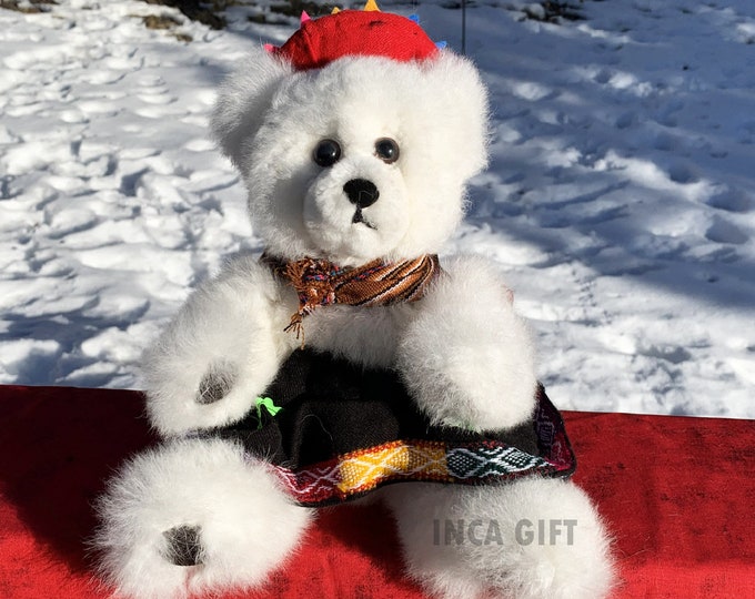 11 IN Real Baby Alpaca Fur Teddy Bear - Real Alpaca fur 11 IN  Stuffed Toy white  Toy from Peruvian Artisans-  Special gift