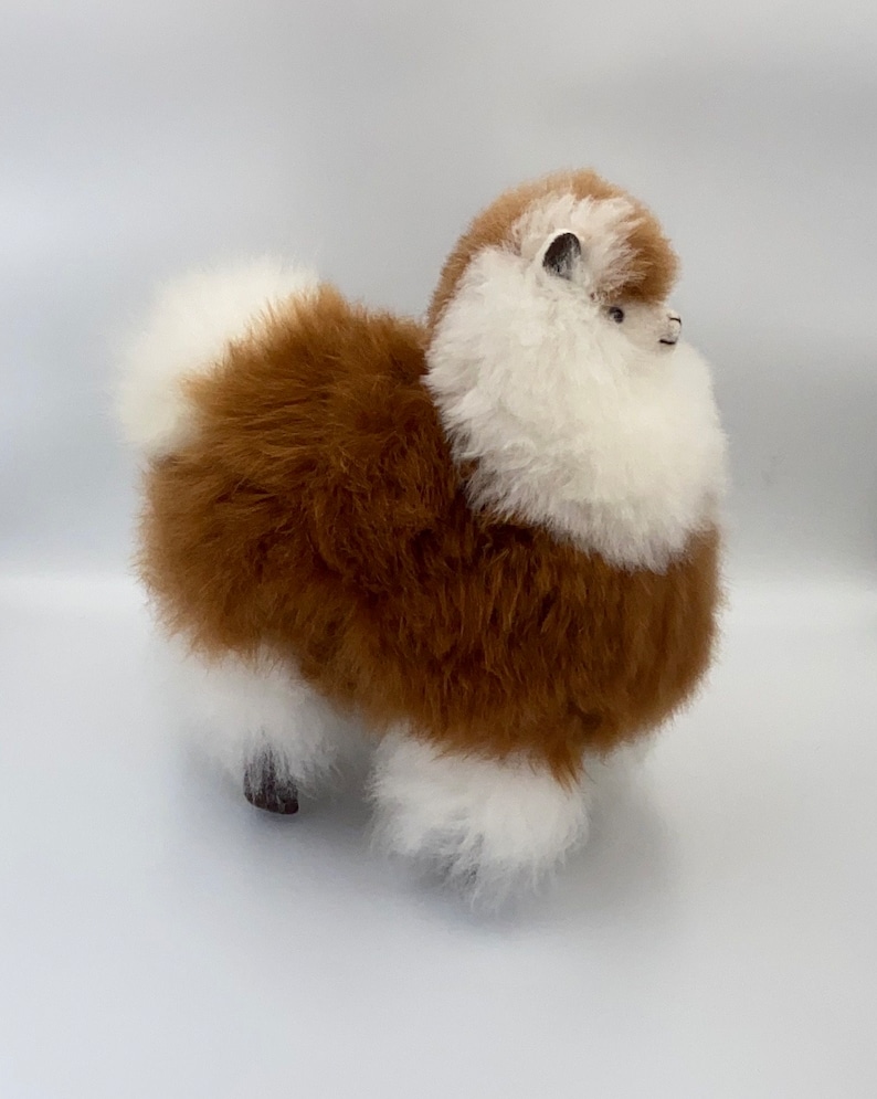 May include: A soft alpaca toy, featuring a brown and white fur design. The plush animal has a fluffy texture, with a brown body and white detailing on the head, tail, and legs. The alpaca has small black eyes and ears.