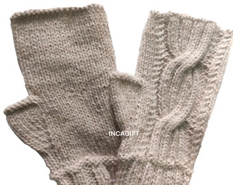Real alpaca fingerless gloves Beige handmade in Peru - Alpaca gloves for women - Peruvian Products Beige