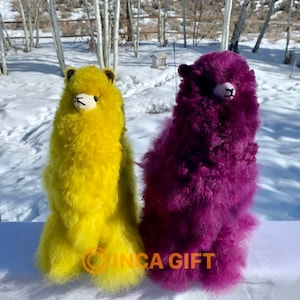 13 IN 9 IN Handmade Alpaca Stuffed Animal Plush Alpaca 13 -9 IN/ yellow purple   fur  alpaca handmade Peruvian alpaca fur stuffed
