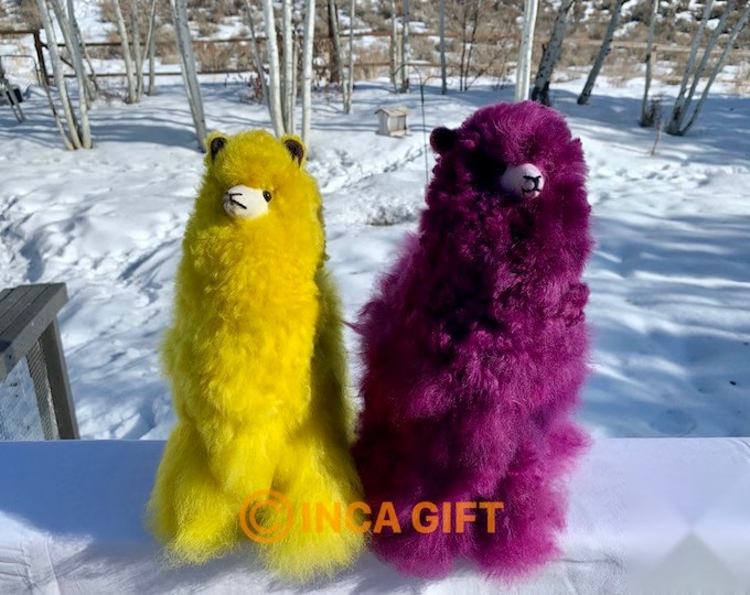 13 IN 9 IN Handmade Alpaca Stuffed Animal Plush Alpaca 13 -9 IN/ yellow purple   fur  alpaca handmade Peruvian alpaca fur stuffed