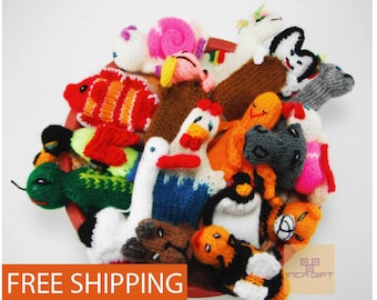 5 PACK 10 PACK FARM Animals Hand Knitted Finger Puppets - Educational finger puppets made by Peruvian Artisans - School Children Role Play