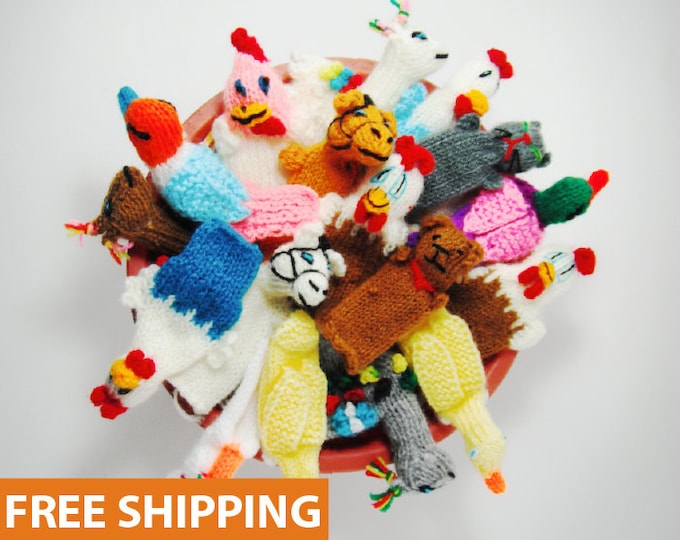 5 PACK 10 PACK FARM Animals Hand Knitted Finger Puppets - Educational finger puppets made by Peruvian Artisans - School Children Role Play