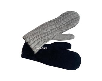 100% ALPACA - Reversible alpaca mittens handmade in Peru -for men women winter Double face mittens fancy -Peruvian Products Black - Gray