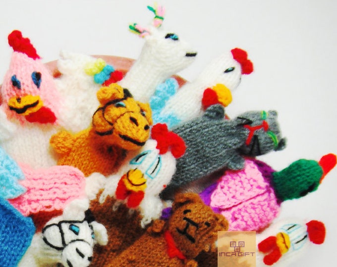 5 PACK 10 PACK FARM Animals Hand Knitted Finger Puppets - Educational finger puppets made by Peruvian Artisans - School Children Role Play