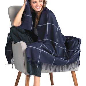100% Premium Plaid Woven Baby Alpaca Throw Blanket -  Broad Selection of blankets made in Peru - Peruvian products Navy throw wedding gift