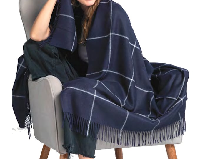 100% Premium Plaid Woven Baby Alpaca Throw Blanket -  Broad Selection of blankets made in Peru - Peruvian products Navy throw wedding gift