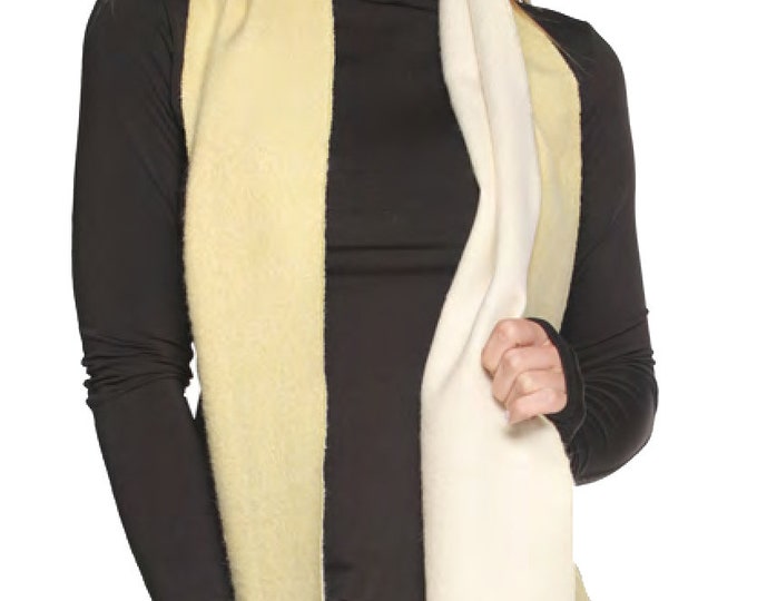 Reversible 100% Woven  Baby Alpaca Scarf  - Peruvian  double Face Handmade Scarf-  Solid LIGHT YELLOW WHITE Weave Brushed Scarf