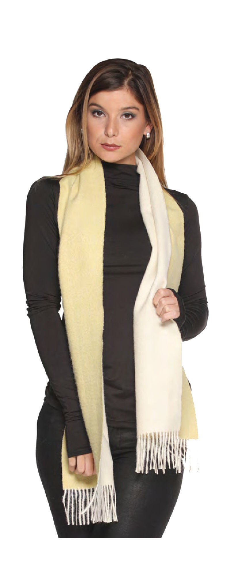 Reversible 100% Woven Baby Alpaca Scarf - Peruvian double Face Handmade  Scarf- Solid LIGHT YELLOW WHITE Weave Brushed Scarf