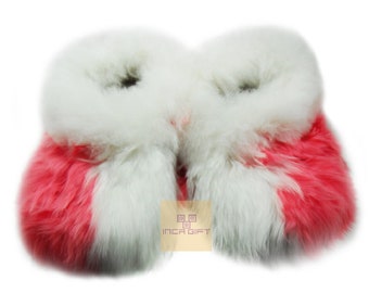 Warm, 100% Baby Alpaca Fur Fuzzy Slippers- Suri Slipper for  Women, Luxury Gift for any occasion  Mix Rose- White