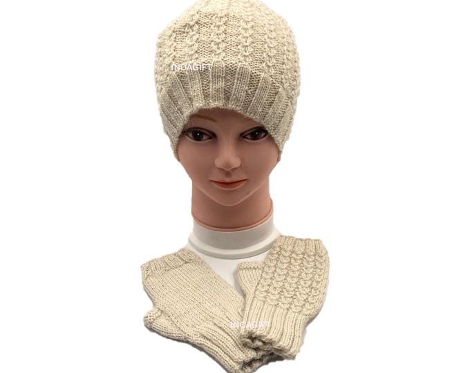 Real alpaca Hat and fingerless gloves- handmade in Peru - Alpaca gloves for  women  Gloves fancy for texting stripped  -Peruvian Products