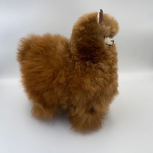 May include: A soft, brown alpaca toy with a fluffy coat. The alpaca has a small, white face with black eyes and a stitched mouth. It stands on four small legs and has small, upright ears.