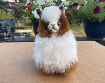 6 IN  Handmade Baby Alpaca Mix Brown-White Mini Stuffed Animal Plush Alpaca / Llama  fur teddy alpaca Peruvian alpaca fur stuffed animal toy
