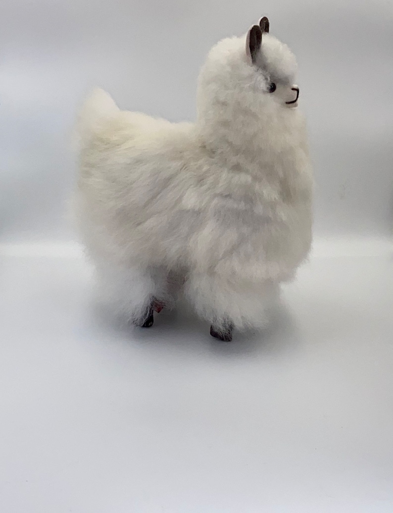 May include: A white alpaca ornament with a fluffy, textured coat and small, dark ears. The alpaca has black eyes and stands on four dark legs. The figurine is set against a plain white background, highlighting its soft appearance.