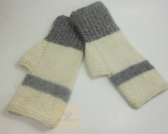 Real alpaca fingerless gloves white- gray handmade in Peru - Alpaca gloves for women - Peruvian Products