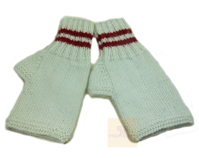 Real alpaca fingerless gloves white- handmade in Peru - Alpaca gloves for  women  Gloves fancy for texting stripped  -Peruvian Products