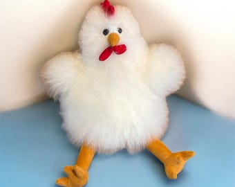 10 IN Handmade Baby Alpaca Fur Hen Plush: Peruvian Stuffed Animal Chicken White