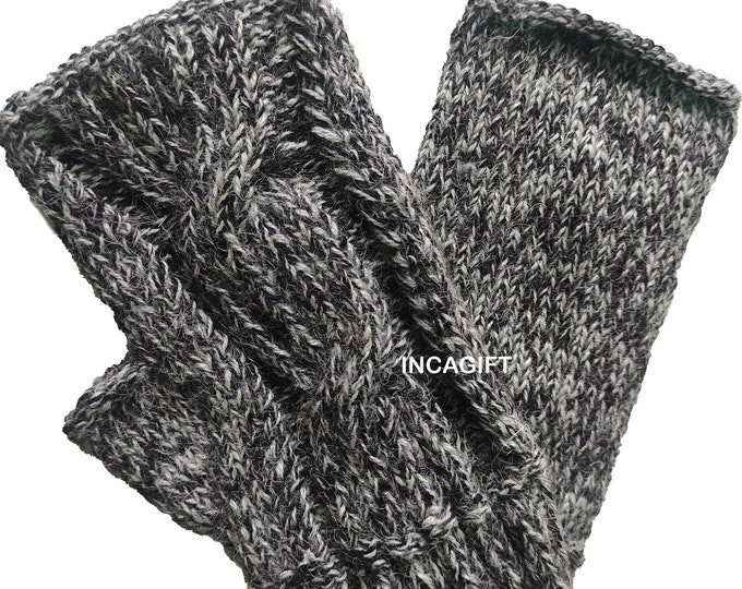 Real alpaca fingerless gloves Mix White-Charcoal handmade in Peru - Alpaca gloves for women - Peruvian Products