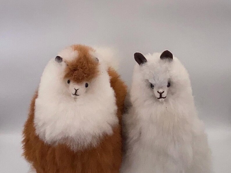 May include: Two fluffy alpaca figurines. One is white with brown accents, the other is solid white. Both have small, dark ears and embroidered facial features. These soft alpaca toys are ideal for home decor or as a gift.