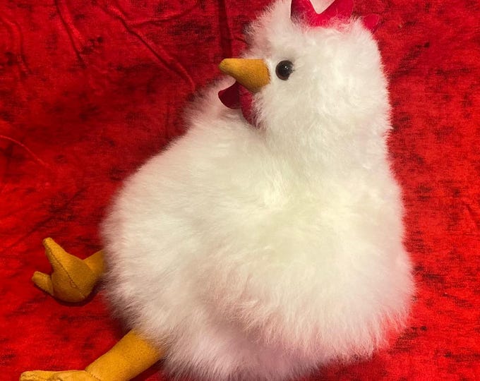 10 IN Handmade Baby Alpaca Fur Hen Plush: Peruvian Stuffed Animal Chicken White