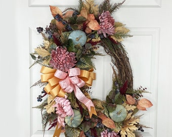 Elegant Fall Floral Grapevine Wreath,  Fall Pink Wreath, Fall Door Decor with Pumpkin, Thanksgiving Wreath, Designer Wreath