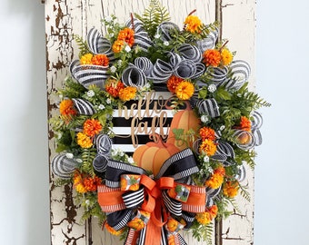 Fall Wreath With Pumpkin Sign, Mum Wreath for Fall, Hello Fall Welcome Wreath, Autumn Door Decor
