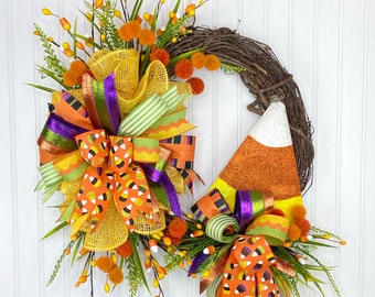 Whimscial Halloween Wreath, Halloween Wreath for the Front Door, Candy Corn Wreath, Fall Everday Wreath