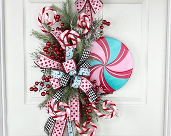 Peppermint Candy Christmas Wreath for Front Door, Turquoise Christmas Wreath with Candy Canes, Pastel Christmas door